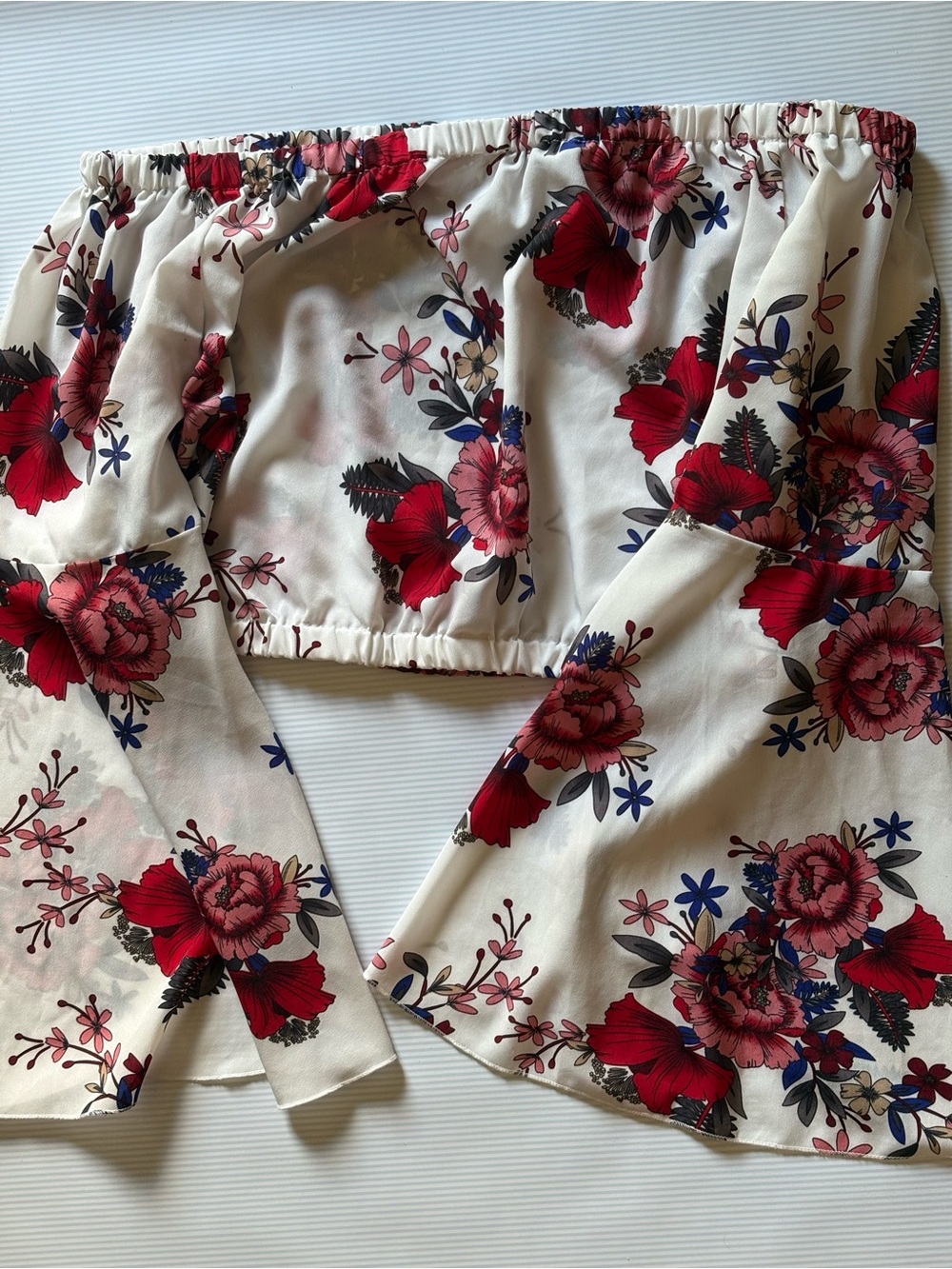 Rue21 Cream Off-Shoulder Floral Top with Red Blooms